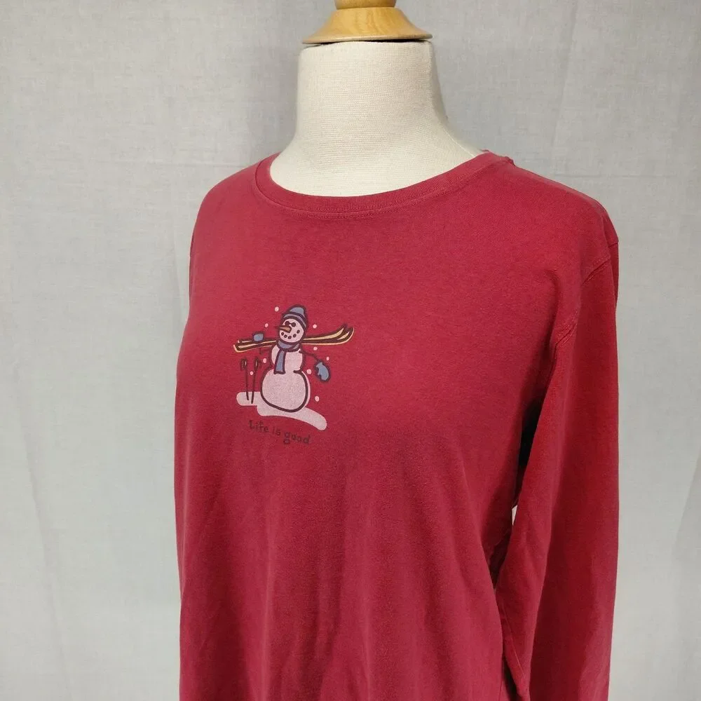 Life Is Good Snowman w/ Skis Red LS T-Shirt Sz XL - Picture 3 of 7